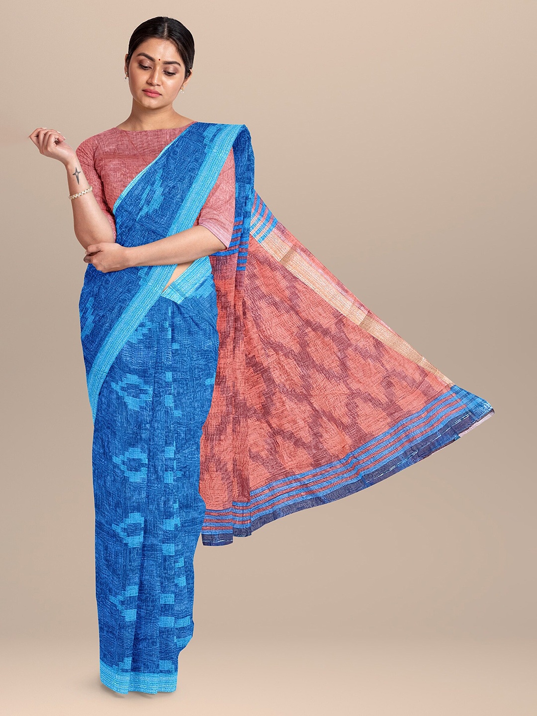 

The Chennai Silks Blue & Red Zari Linen Blend Fusion Saree