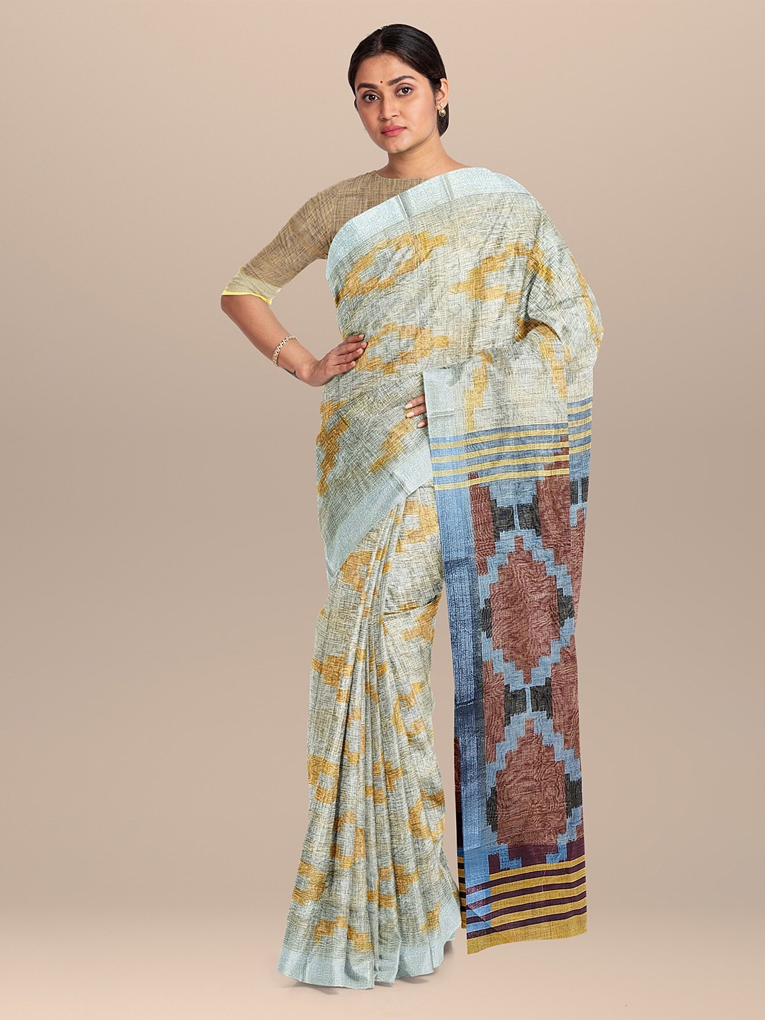 

The Chennai Silks Olive Green & Brown Zari Linen Blend Fusion Saree