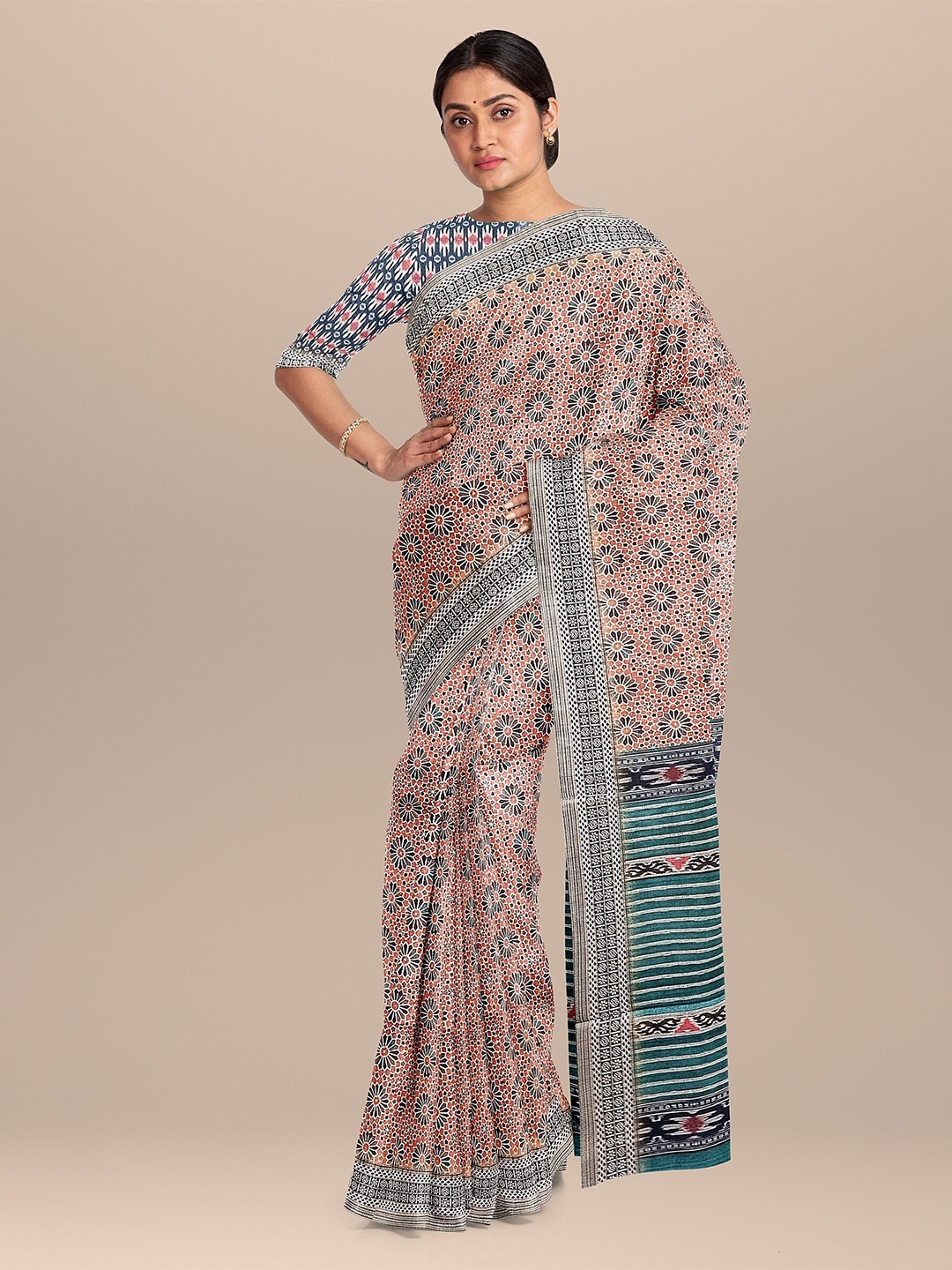 

The Chennai Silks Camel Brown & White Floral Fusion Bhagalpuri Saree