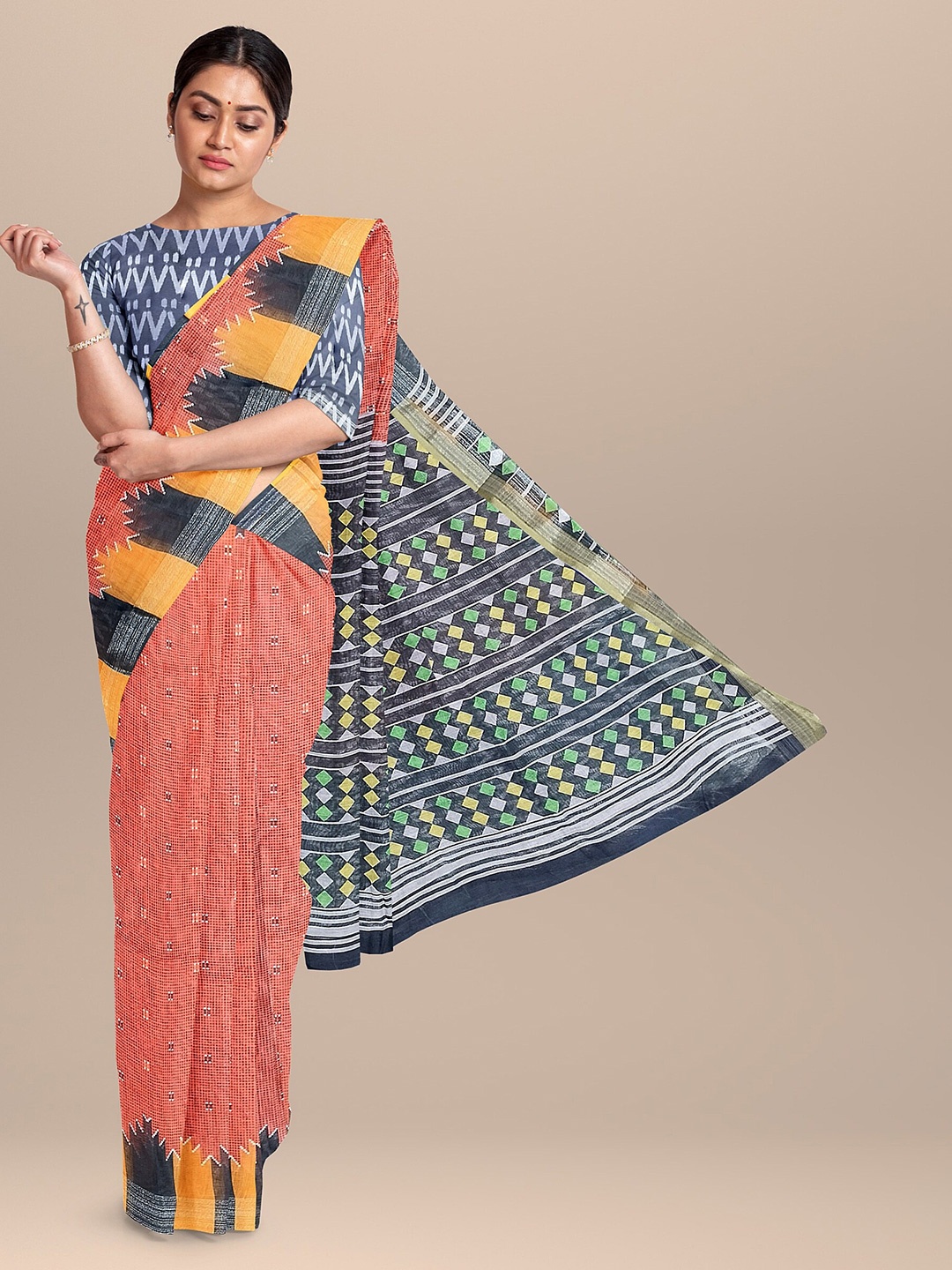 

The Chennai Silks Rust & Grey Linen Blend Fusion Saree
