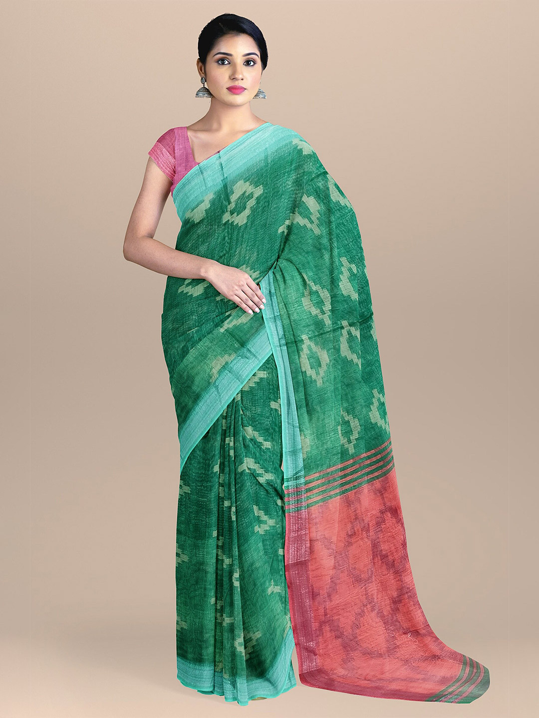 

The Chennai Silks Green & Pink Linen Blend Fusion Saree