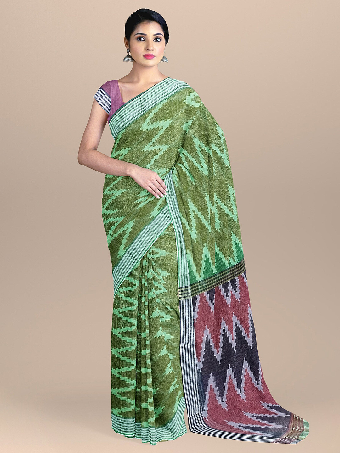 

The Chennai Silks Green & Pink Striped Linen Blend Fusion Saree