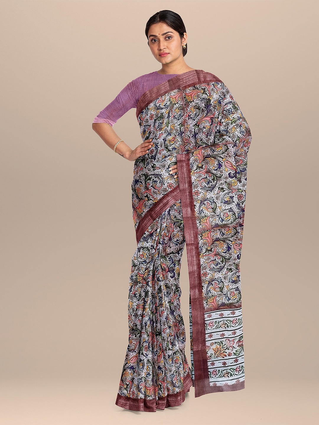 

The Chennai Silks Burgundy & Cream-Coloured Floral Linen Blend Saree