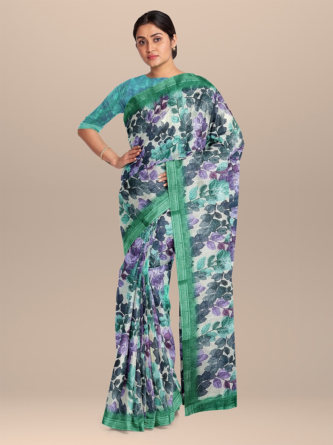

The Chennai Silks Beige & Purple Floral Printed Linen Blend Saree