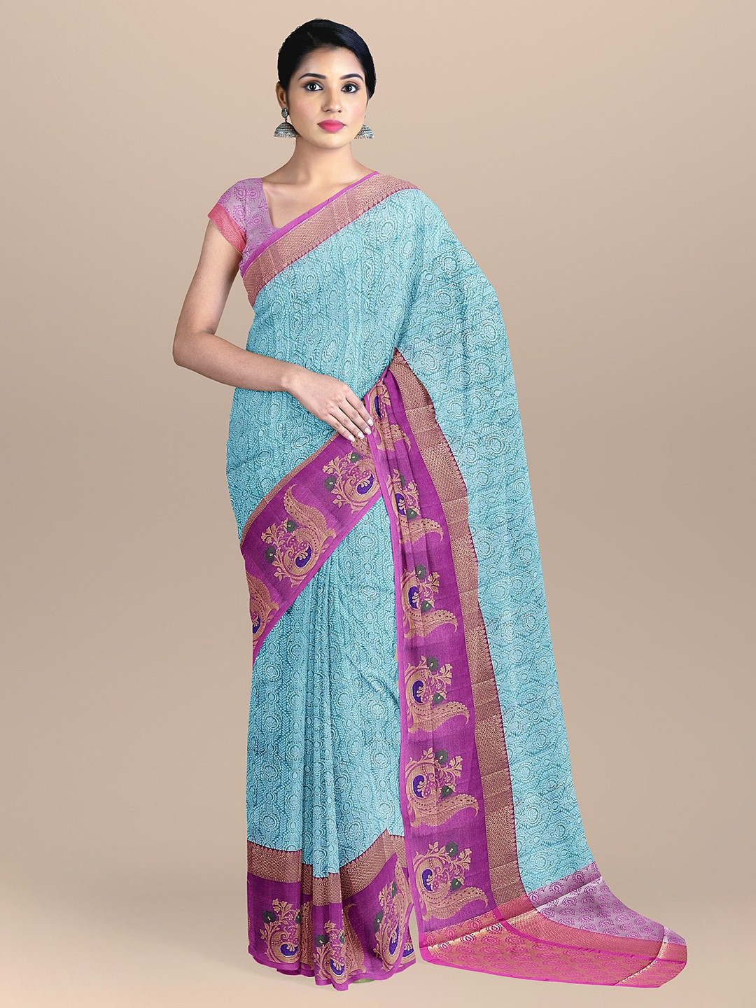 

The Chennai Silks Blue & Pink Floral Organza Fusion Banarasi Saree