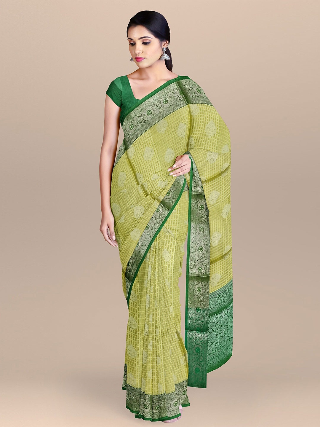 

The Chennai Silks Green & Yellow Ethnic Motifs Zari Organza Banarasi Saree