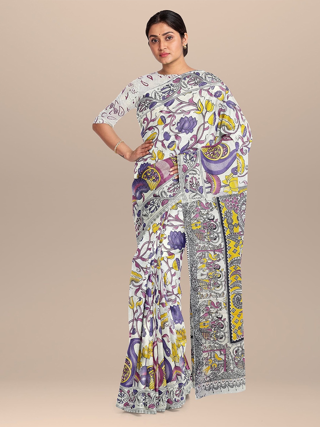 

The Chennai Silks Beige & Purple Kalamkari Pure Cotton Saree