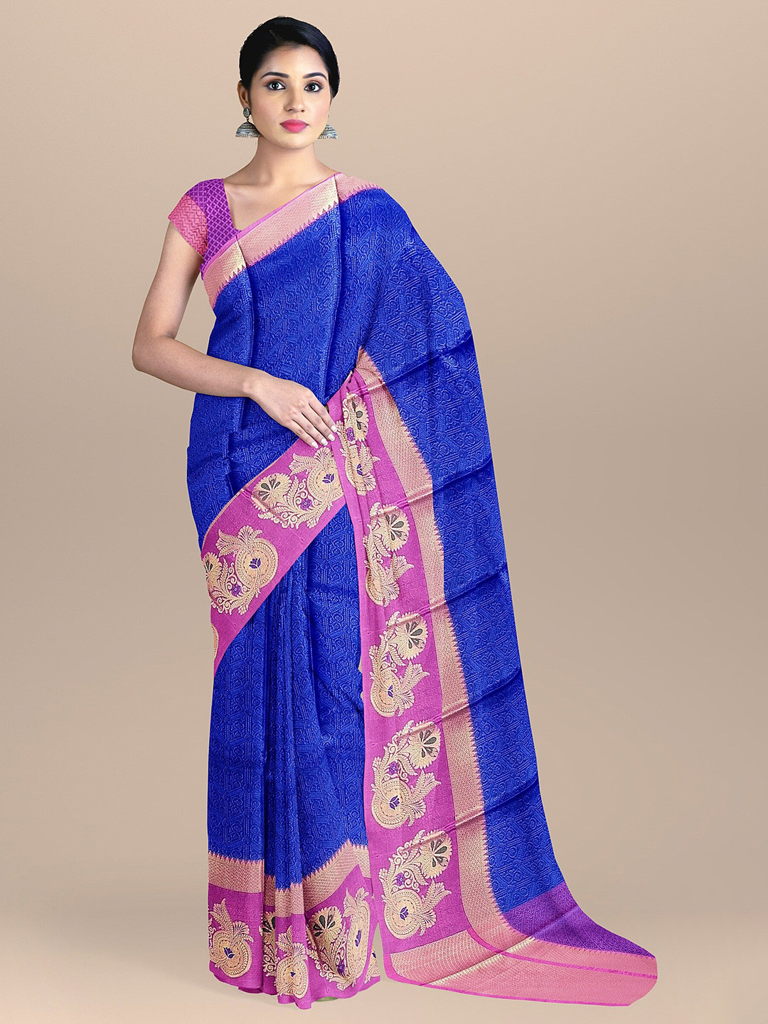 

The Chennai Silks Navy Blue & Pink Woven Design Organza Fusion Banarasi Saree