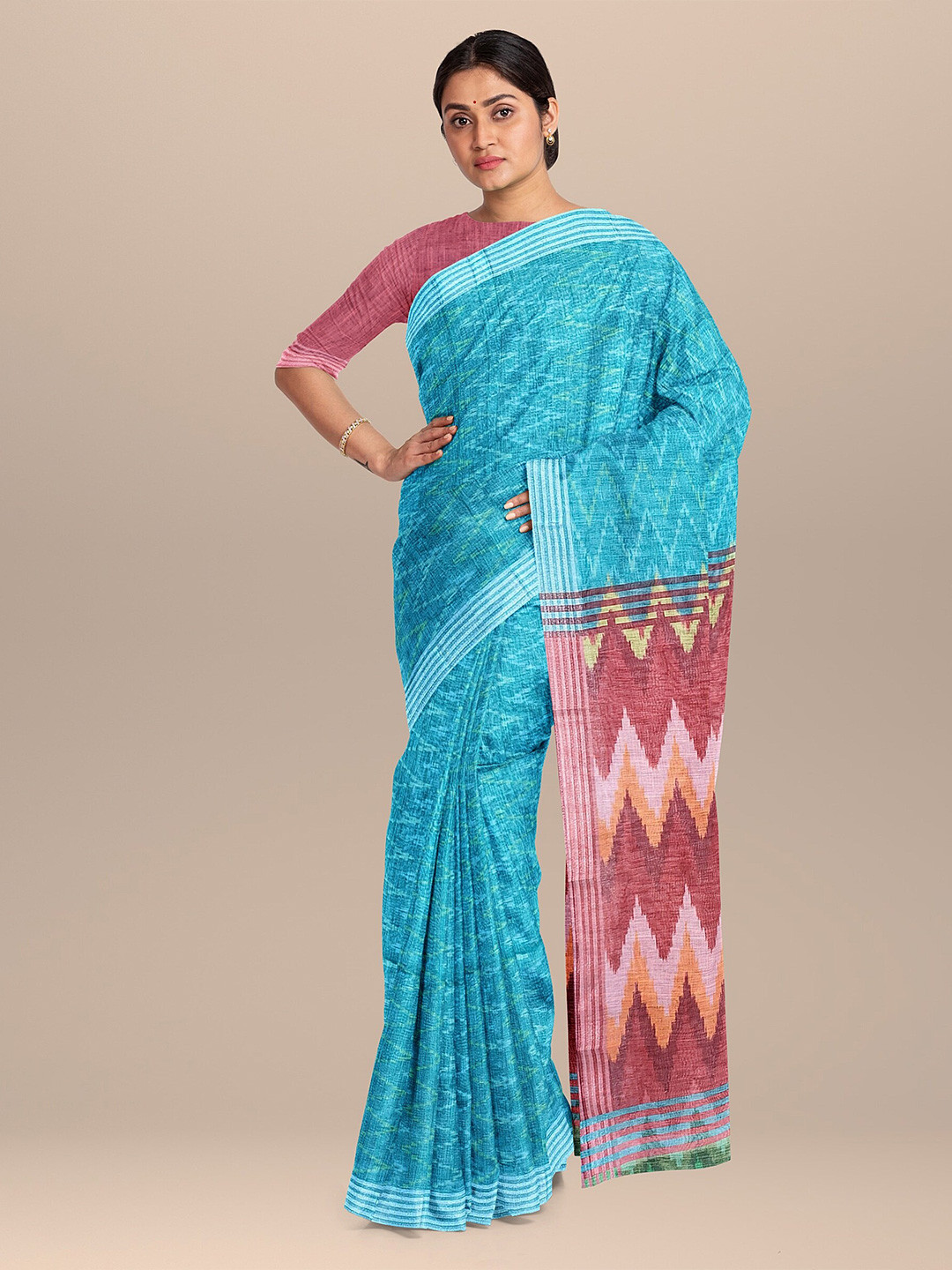 

The Chennai Silks Teal & Maroon Linen Blend Saree