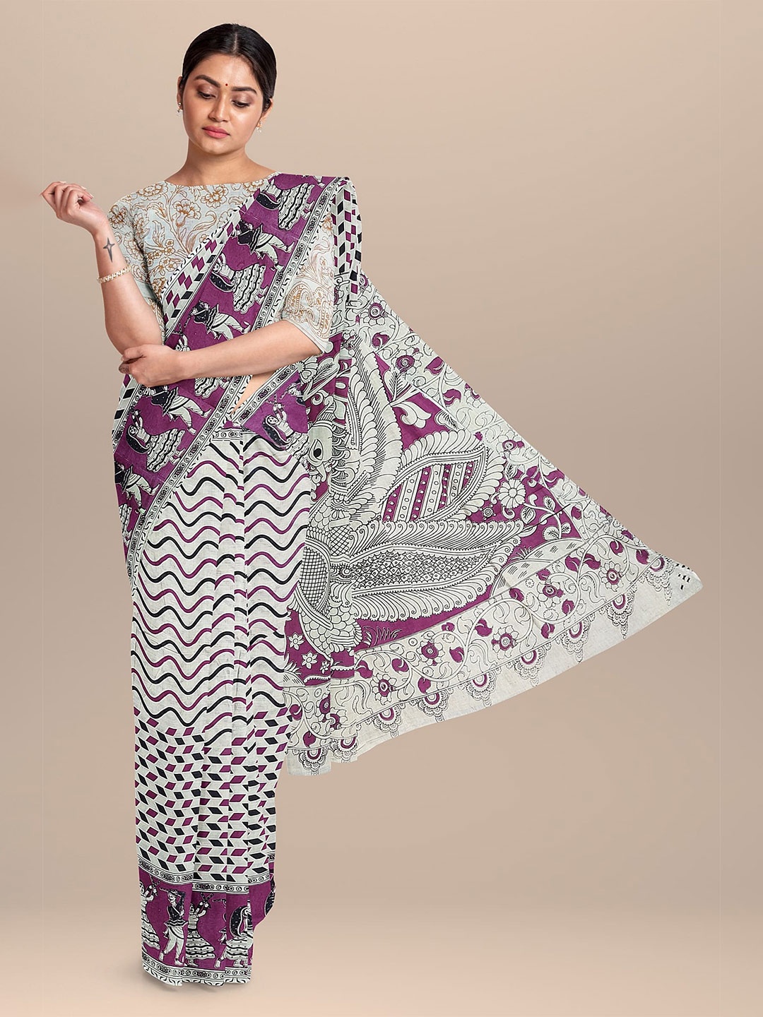 

The Chennai Silks Beige & Purple Kalamkari Pure Cotton Saree