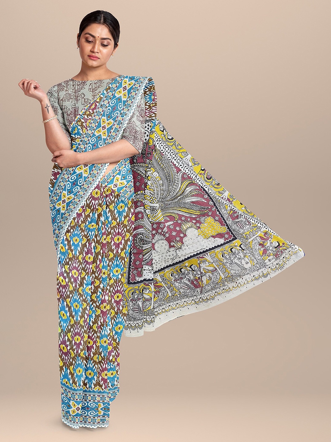 

The Chennai Silks Grey & Blue Kalamkari Pure Cotton Saree