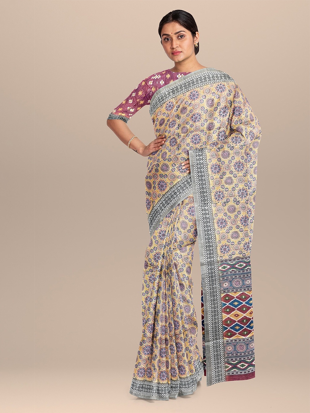 

The Chennai Silks Mustard & Purple Floral Bhagalpuri Saree