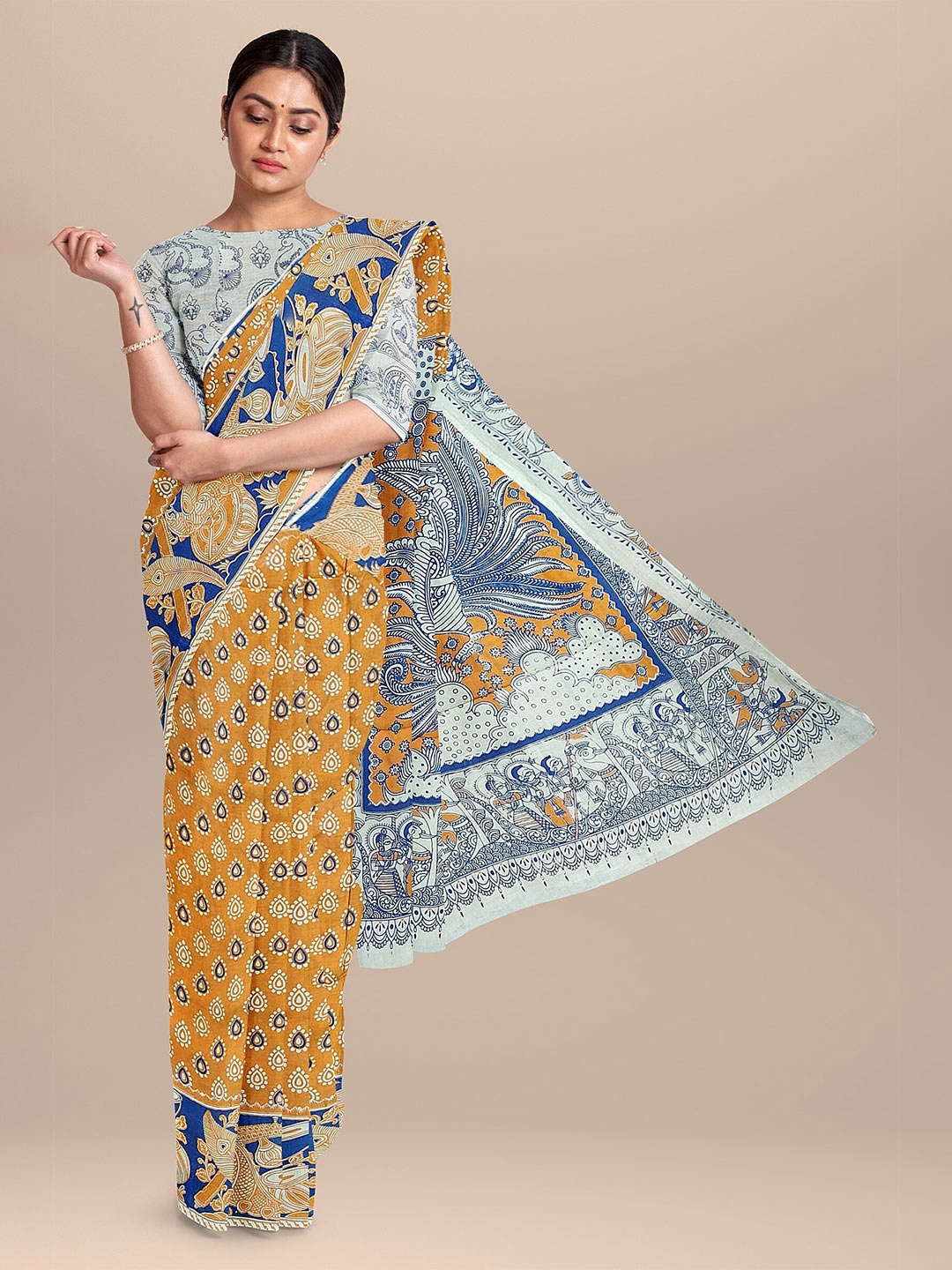 

The Chennai Silks Women Orange & Blue Kalamkari Pure Cotton Saree
