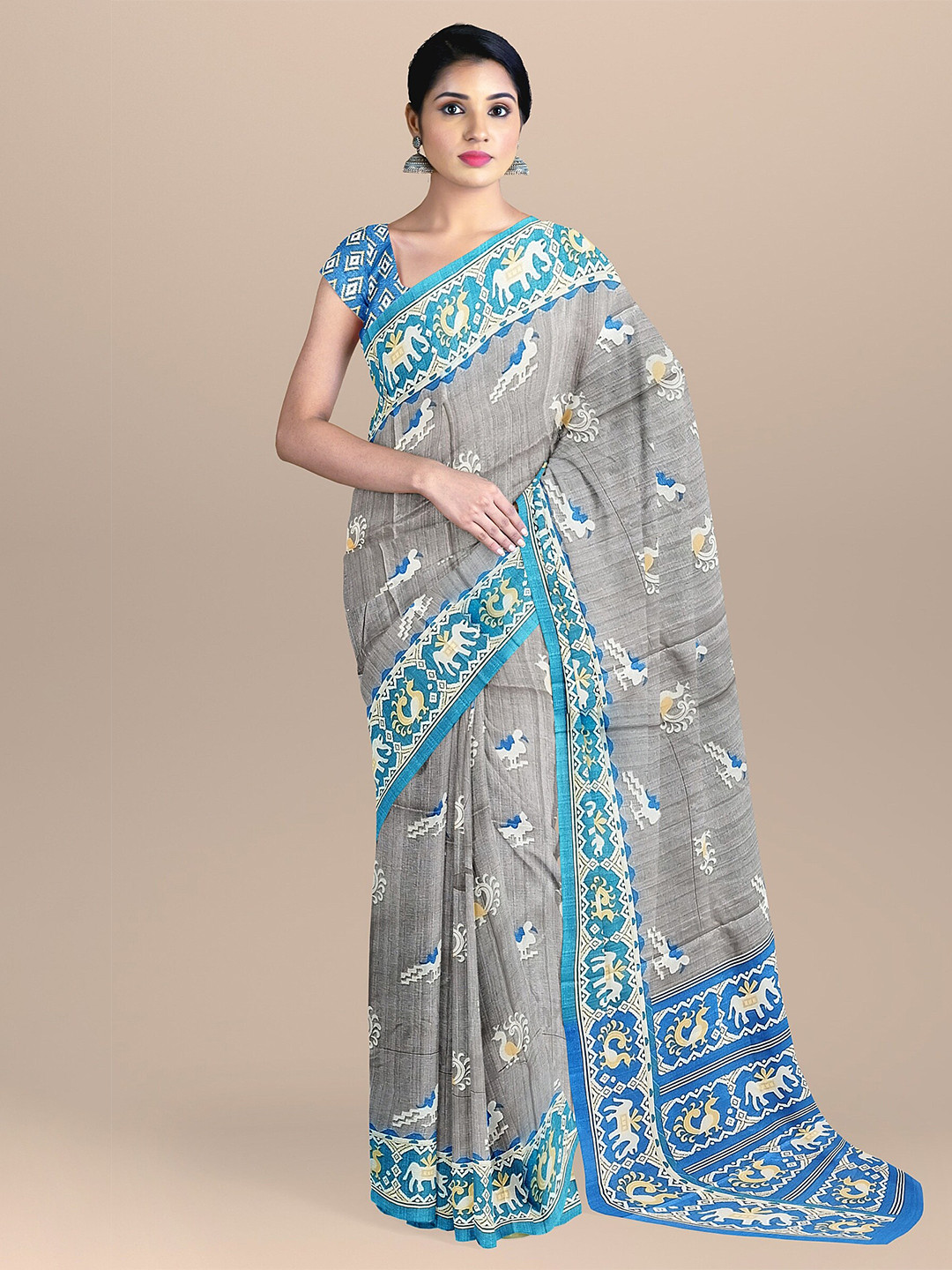 

The Chennai Silks Grey & White Ethnic Motifs Fusion Bhagalpuri Saree
