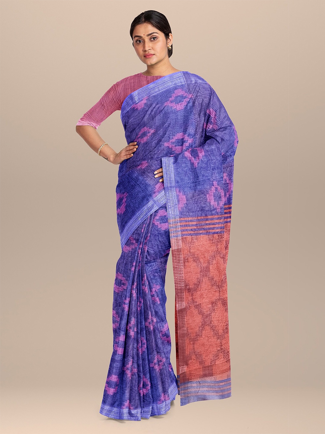 

The Chennai Silks Navy Blue & Pink Zari Linen Blend Fusion Saree