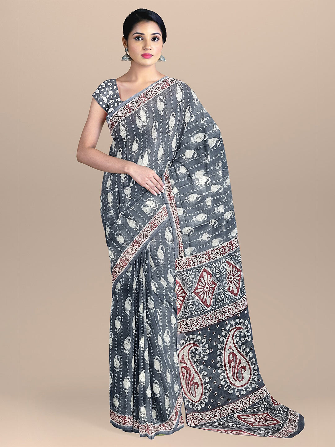 

The Chennai Silks Grey & Maroon Paisley Pure Cotton Saree