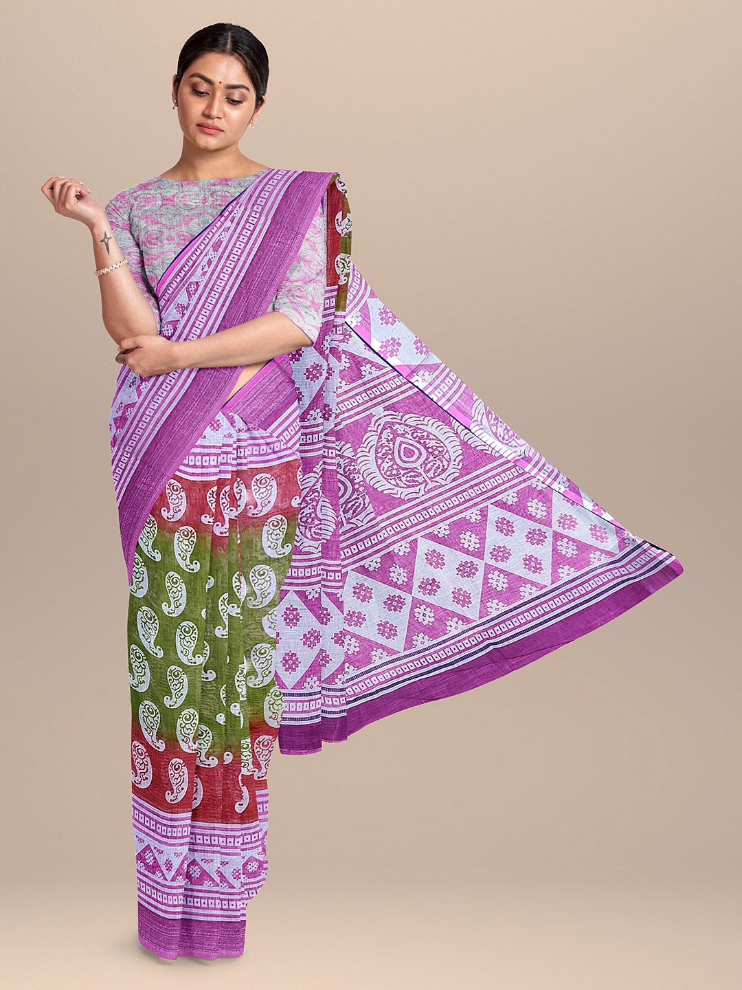 

The Chennai Silks Purple & Green Paisley Zari Linen Blend Fusion Saree