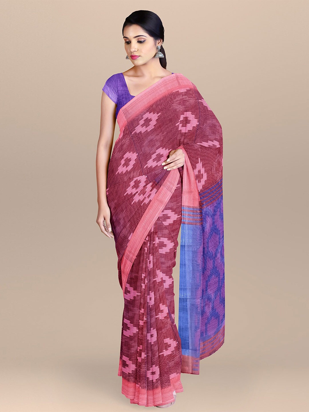 

The Chennai Silks Women Maroon & Blue Zari Linen Blend Geometric Saree