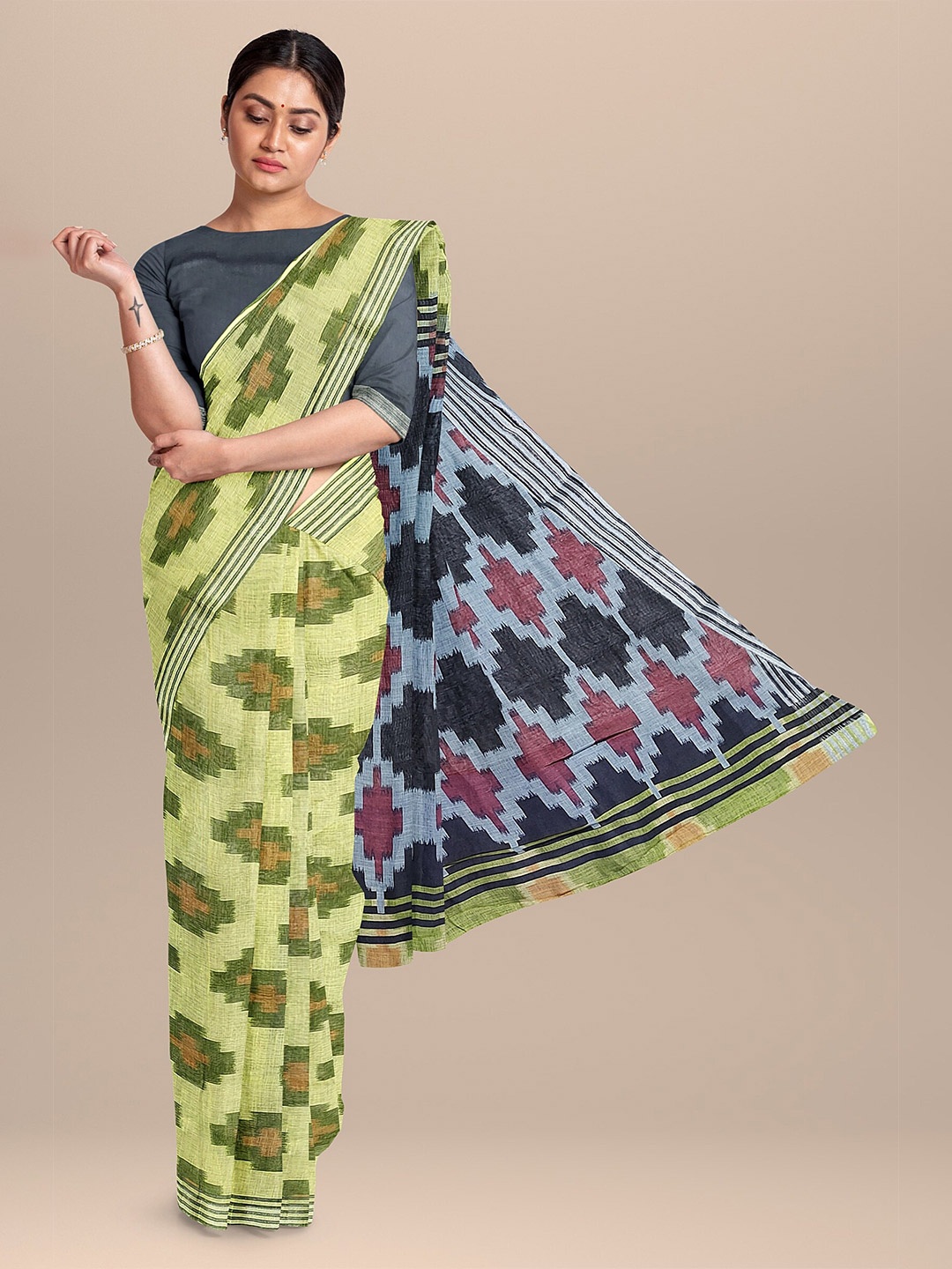 

The Chennai Silks Yellow & Green Linen Blend Fusion Saree