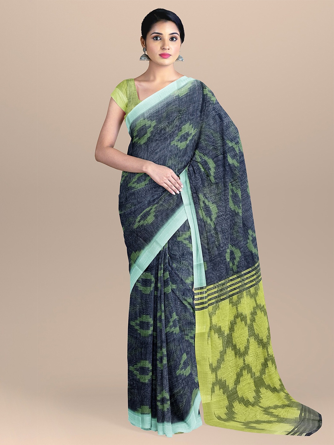 

The Chennai Silks Black & Green Ethnic Motifs Linen Blend Fusion Saree