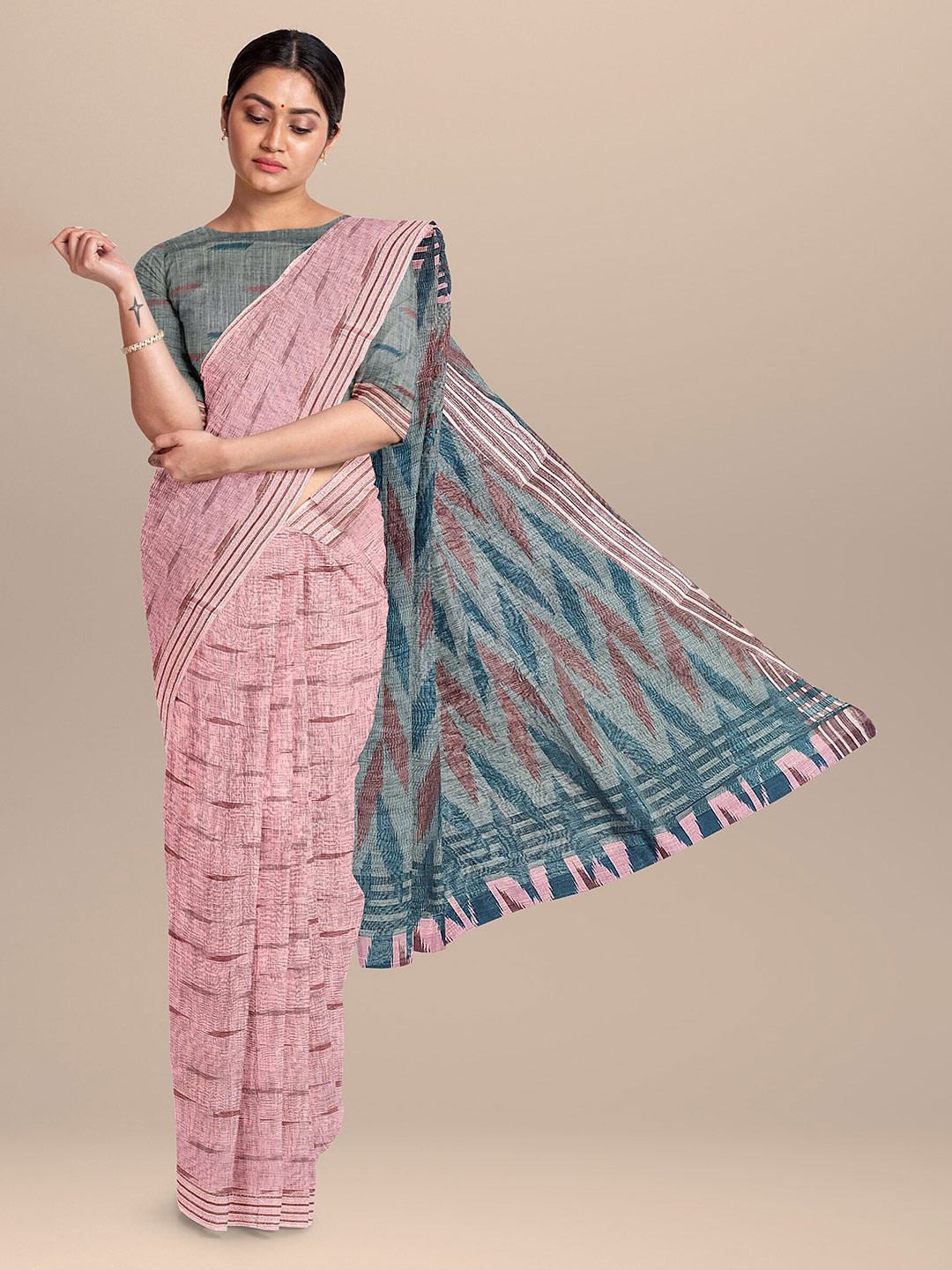 

The Chennai Silks Pink & Blue Zari Linen Blend Fusion Saree