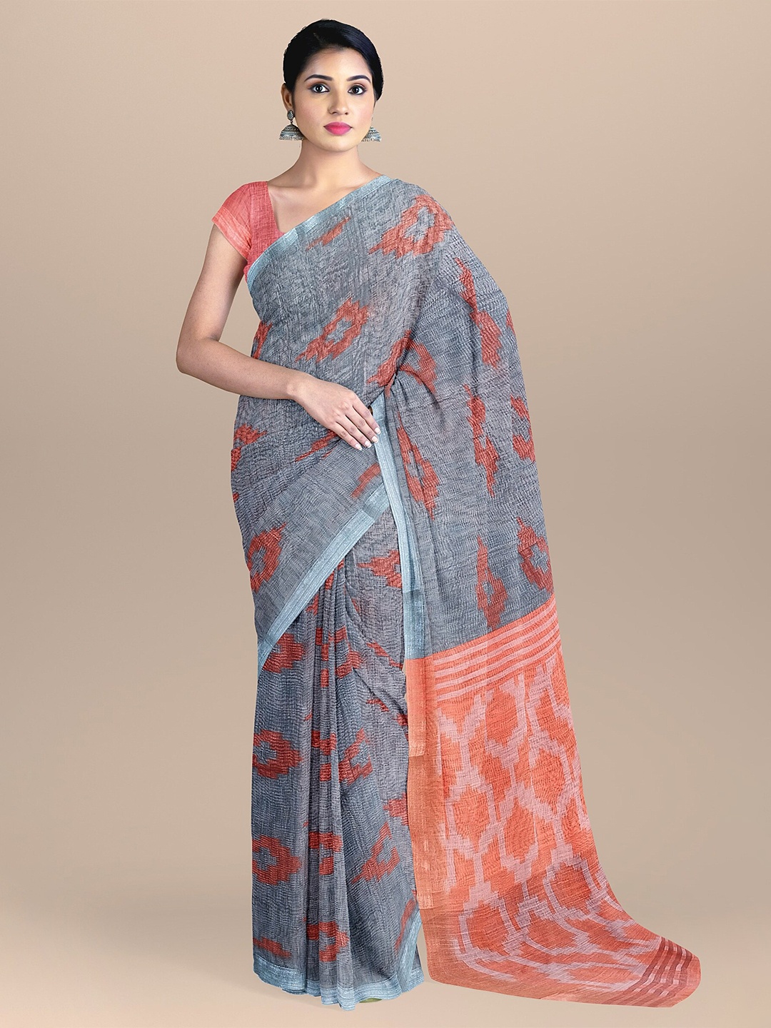 

The Chennai Silks Grey & Orange Zari Linen Blend Fusion Saree