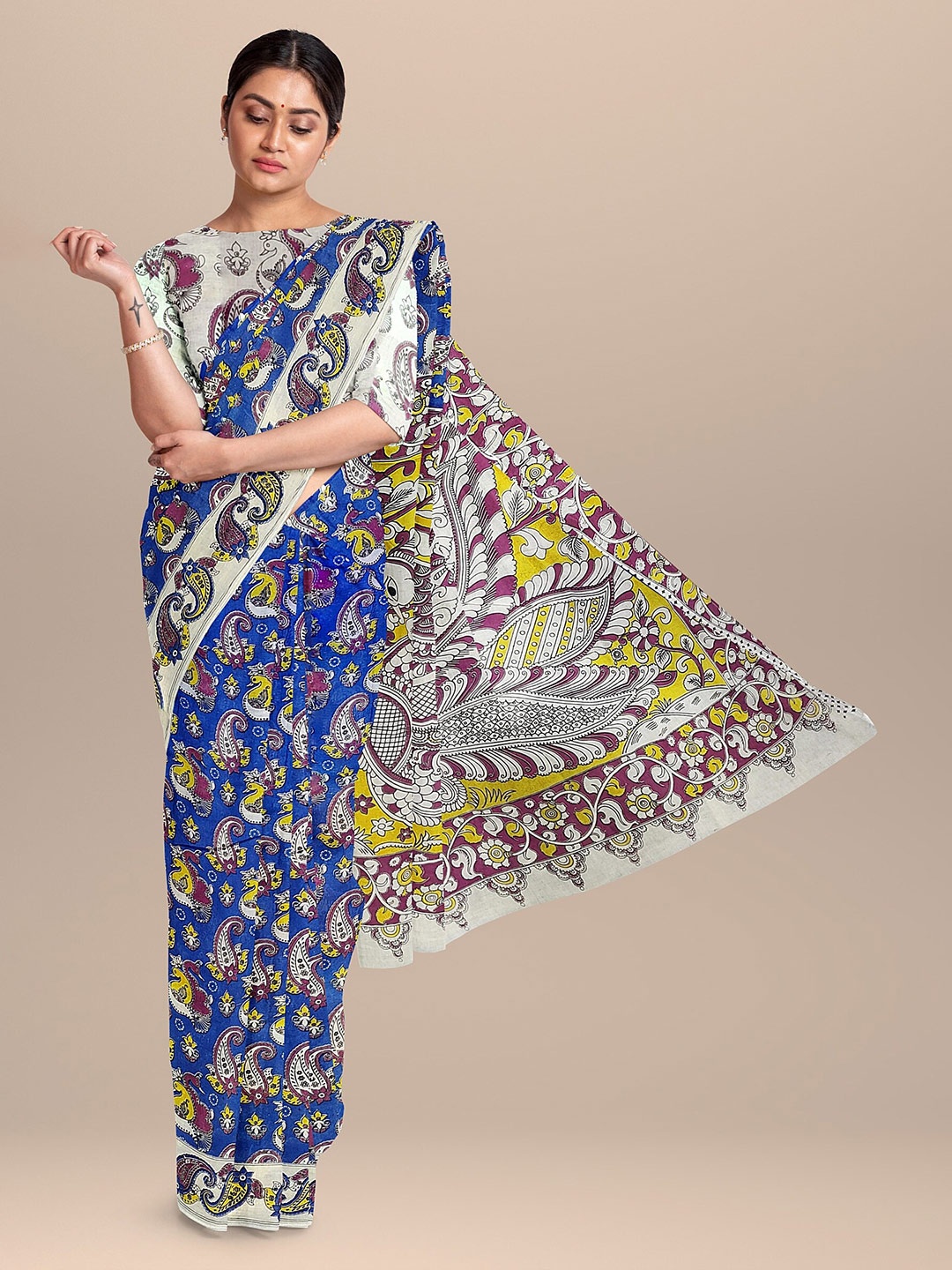 

The Chennai Silks Navy Blue & Yellow Kalamkari Printed Pure Cotton Saree