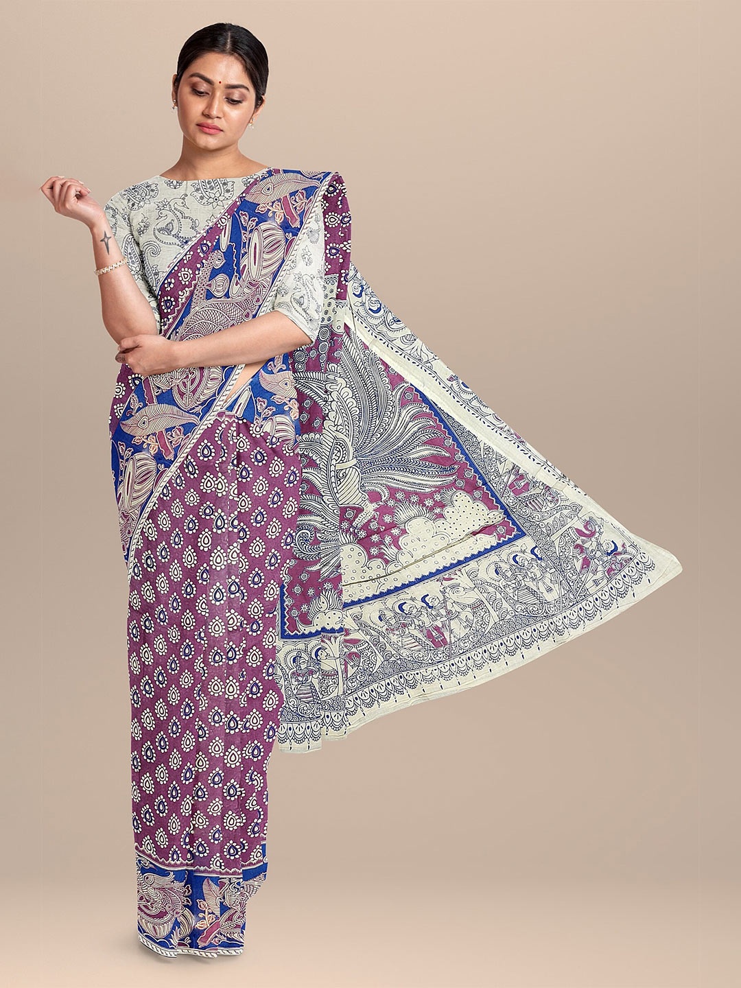 

The Chennai Silks Purple & Grey Ethnic Motifs Pure Cotton Fusion Saree