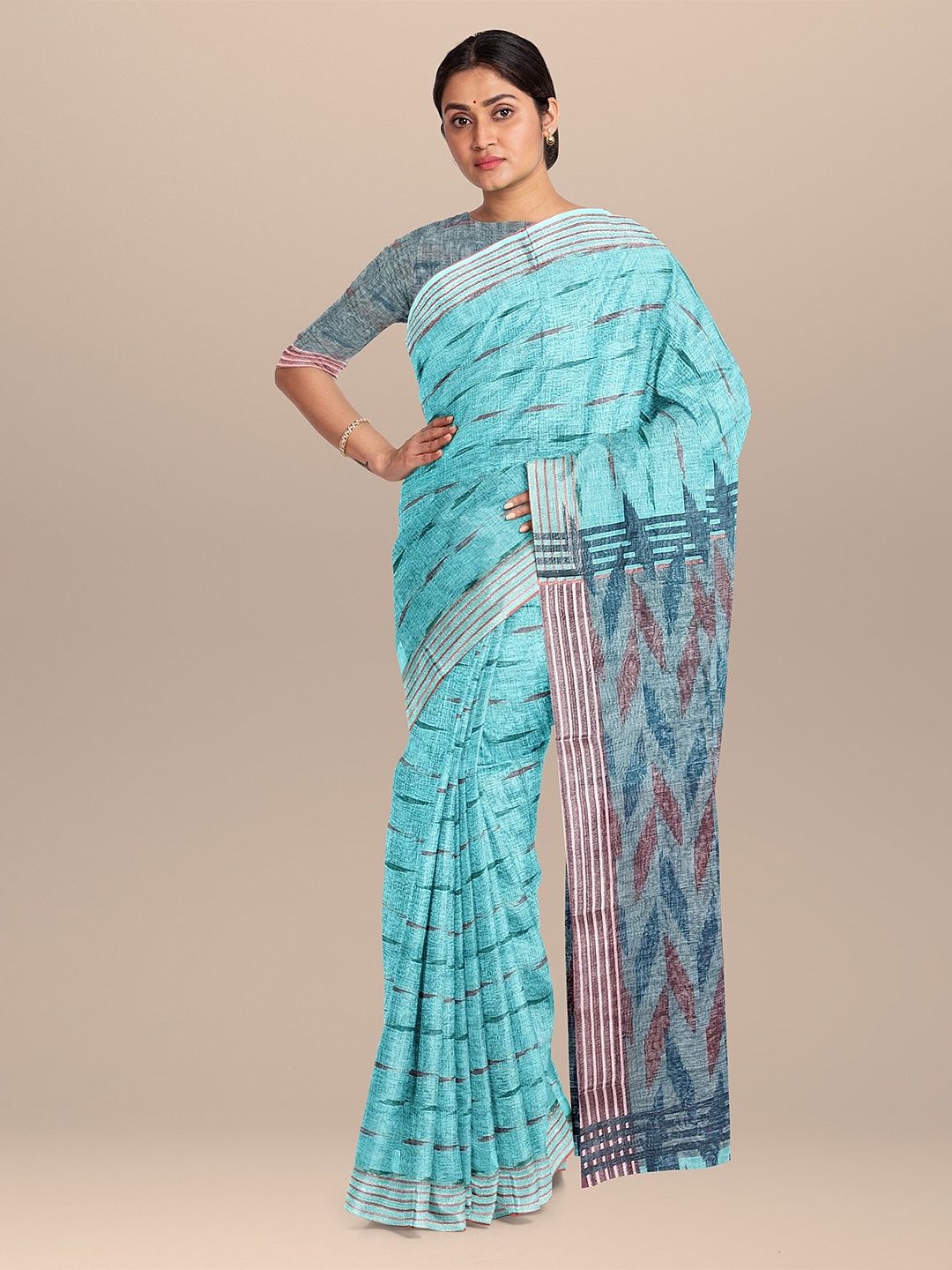 

The Chennai Silks Turquoise Blue & Brown Linen Blend Saree