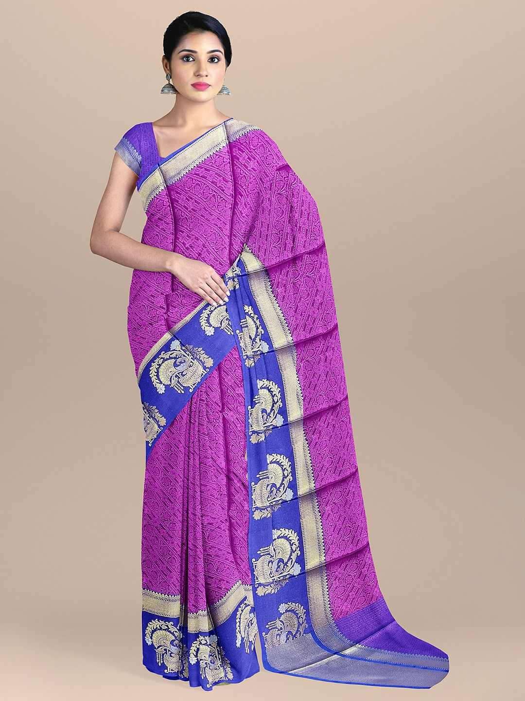 

The Chennai Silks Women Magenta & Blue Ethnic Motifs Zari Organza Banarasi Saree