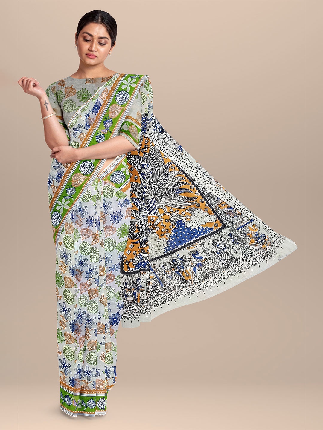 

The Chennai Silks Beige & Green Floral Pure Cotton Saree