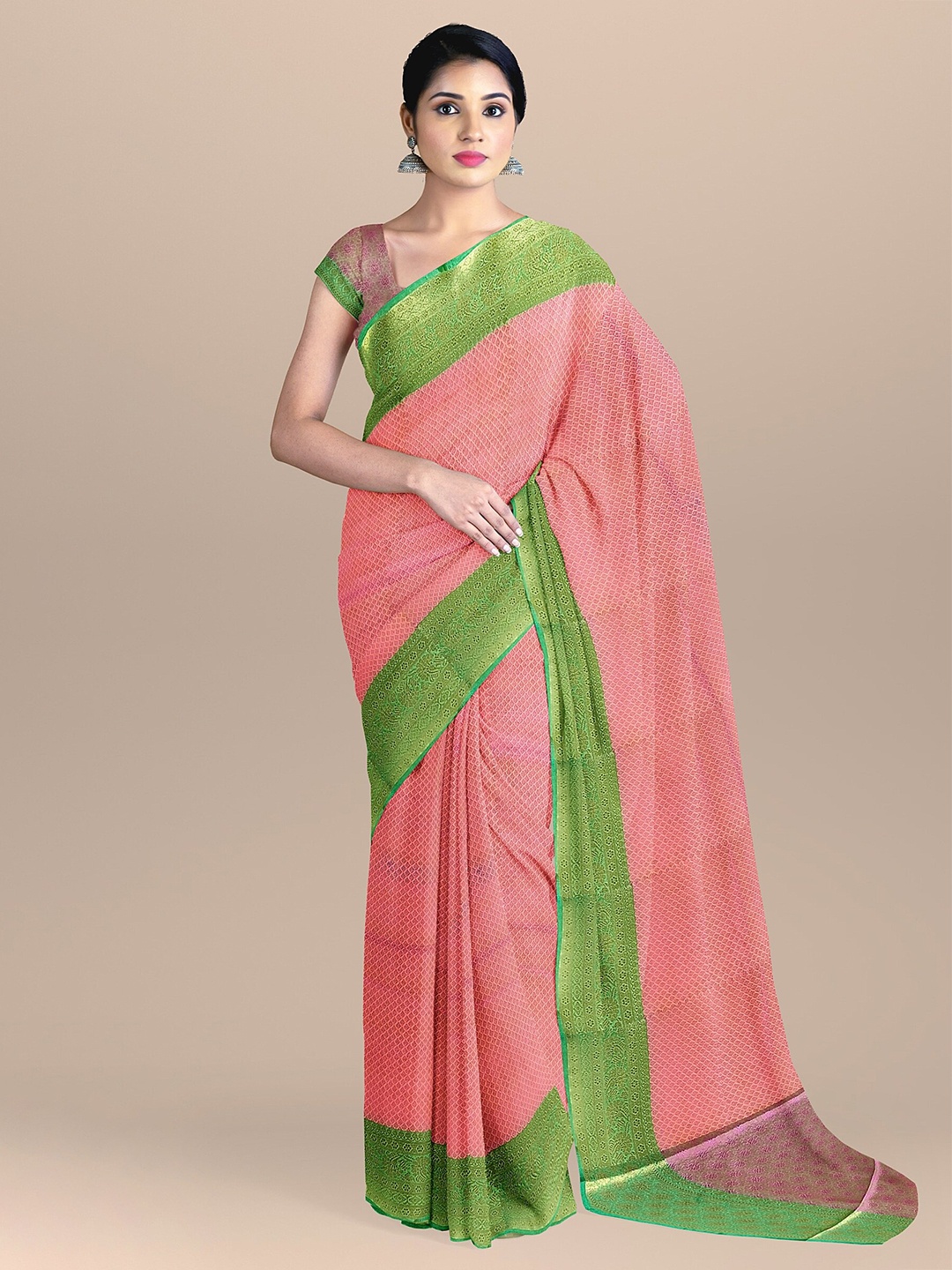 

The Chennai Silks Pink & Green Woven Design Zari Organza Banarasi Saree