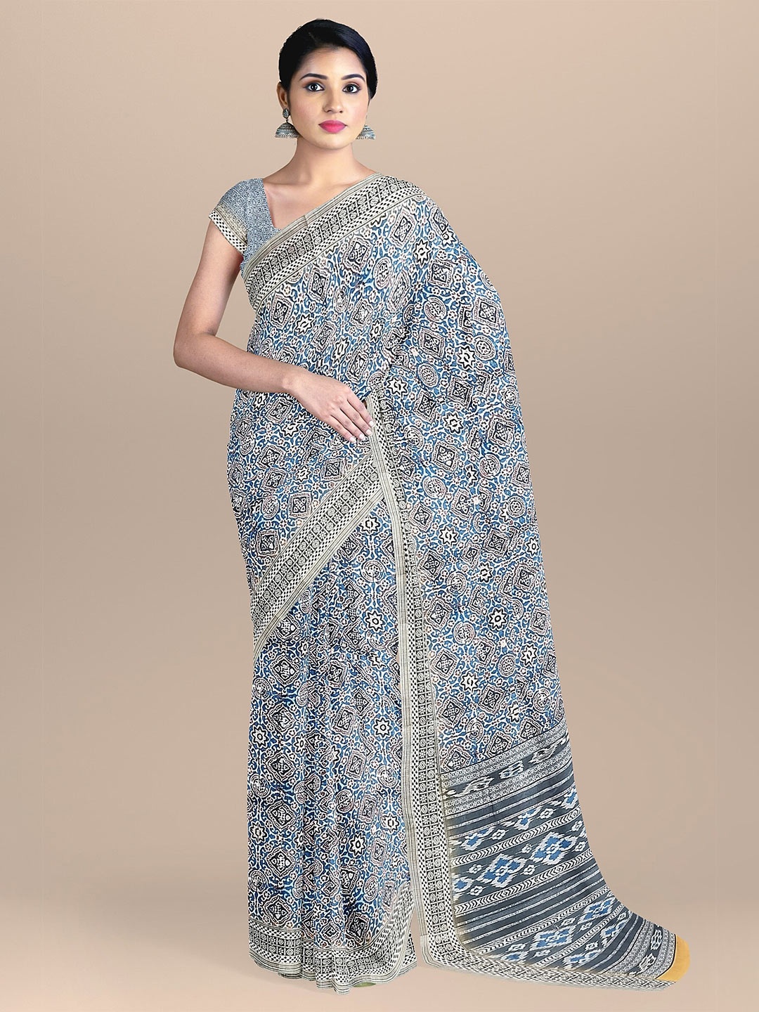 

The Chennai Silks Blue & Cream-Coloured Ethnic Motifs Fusion Bhagalpuri Saree