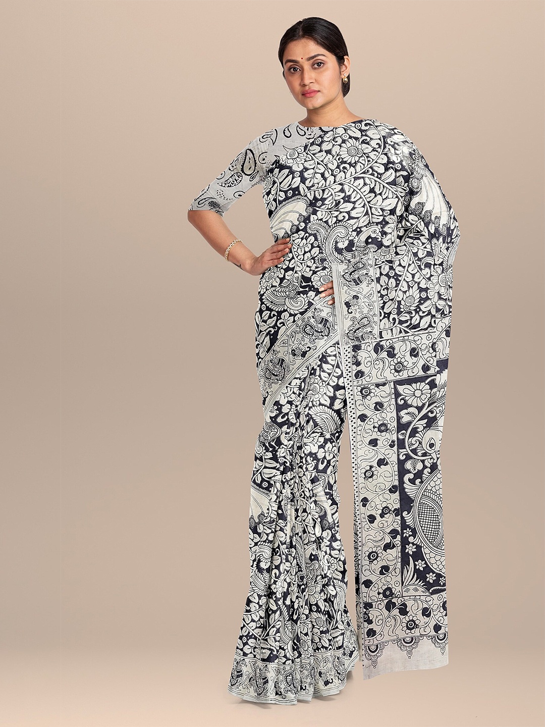 

The Chennai Silks Black & White Kalamkari Pure Cotton Fusion Saree