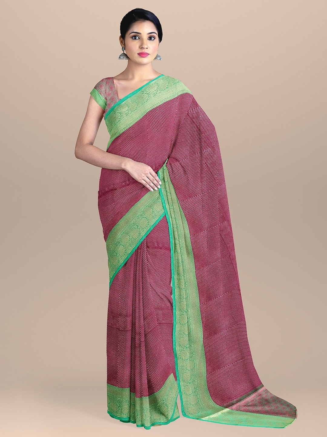 

The Chennai Silks Maroon & Green Woven Design Zari Organza Fusion Banarasi Saree