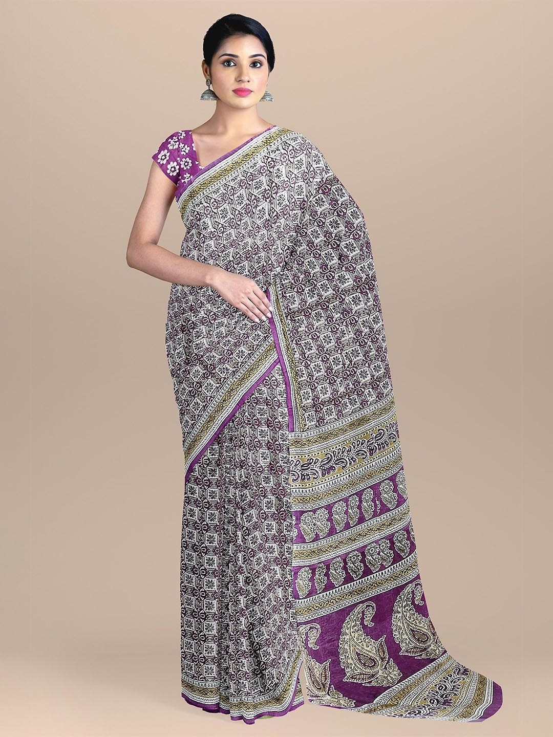

The Chennai Silks Beige & Purple Ethnic Motifs Printed Pure Cotton Saree