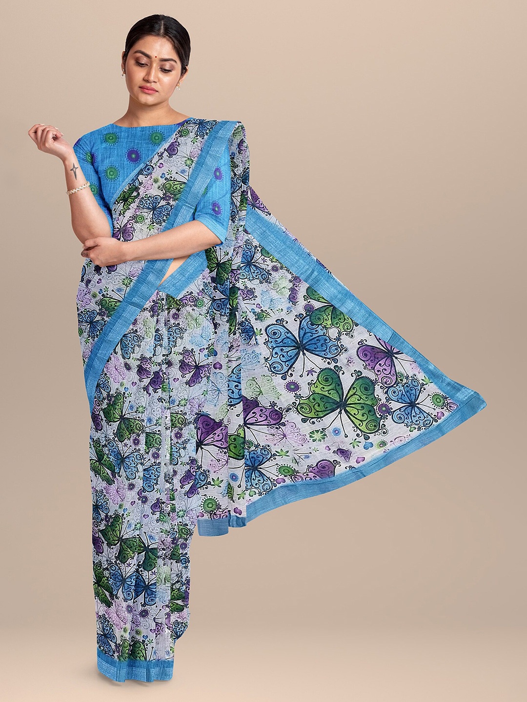 

The Chennai Silks Off Women White & Blue Floral Zari Linen Blend Fusion Saree, Off white