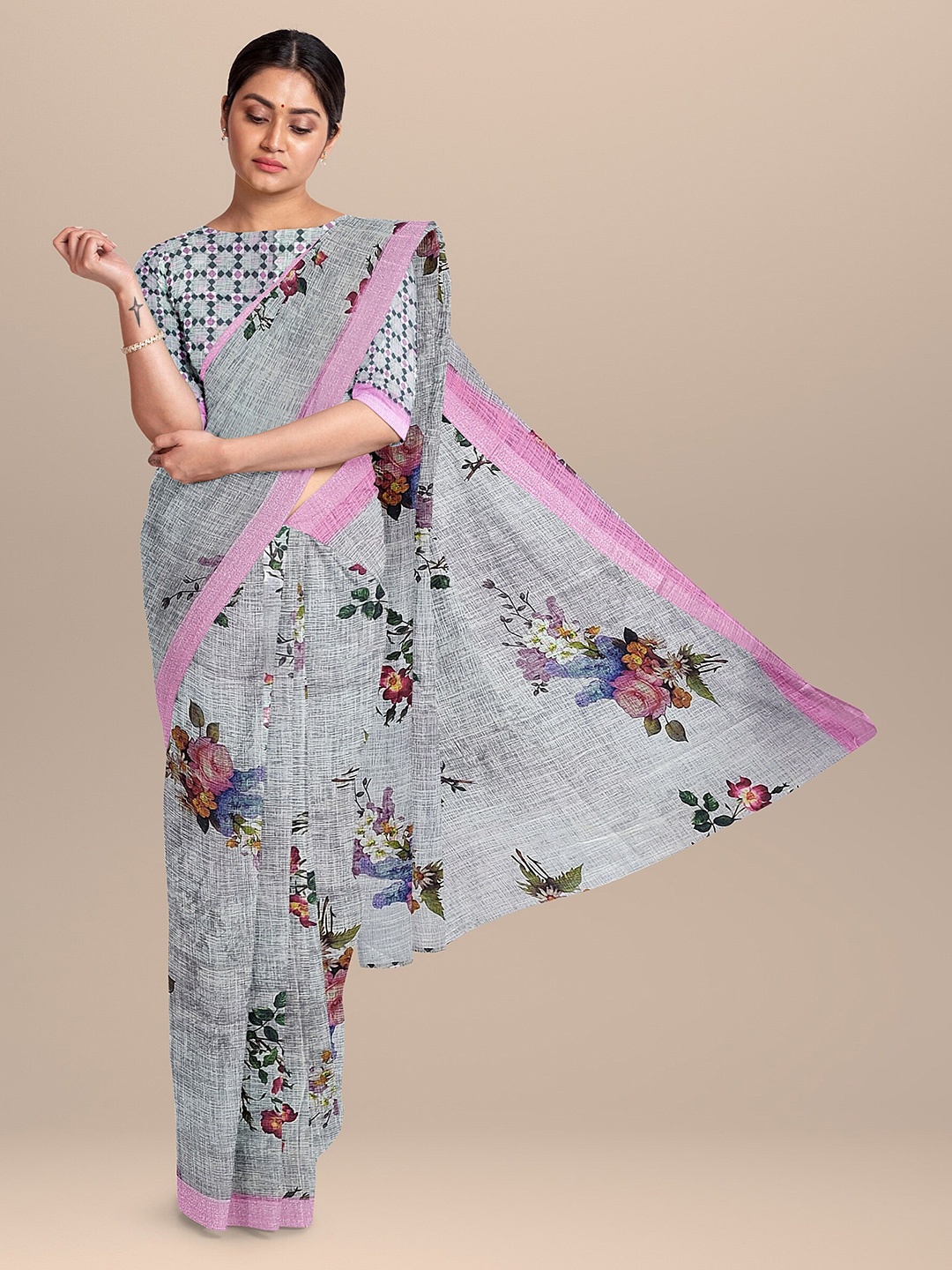 

The Chennai Silks Grey & Pink Floral Linen Blend Fusion Saree