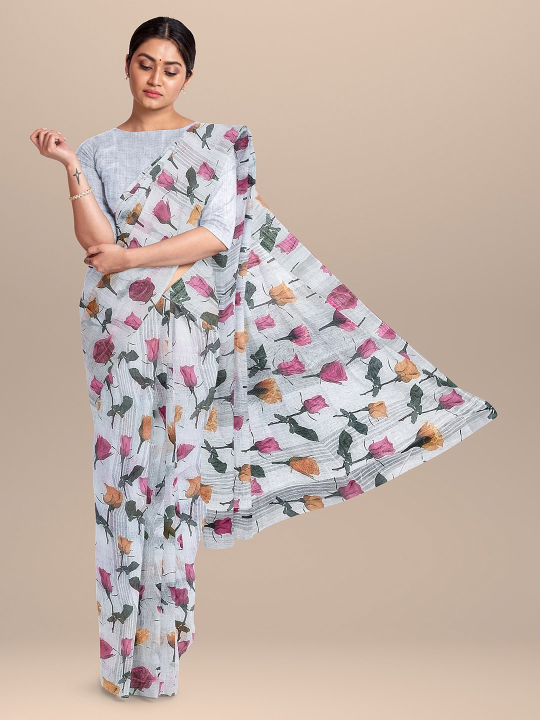

The Chennai Silks Off White & Pink Floral Linen Blend Fusion Saree