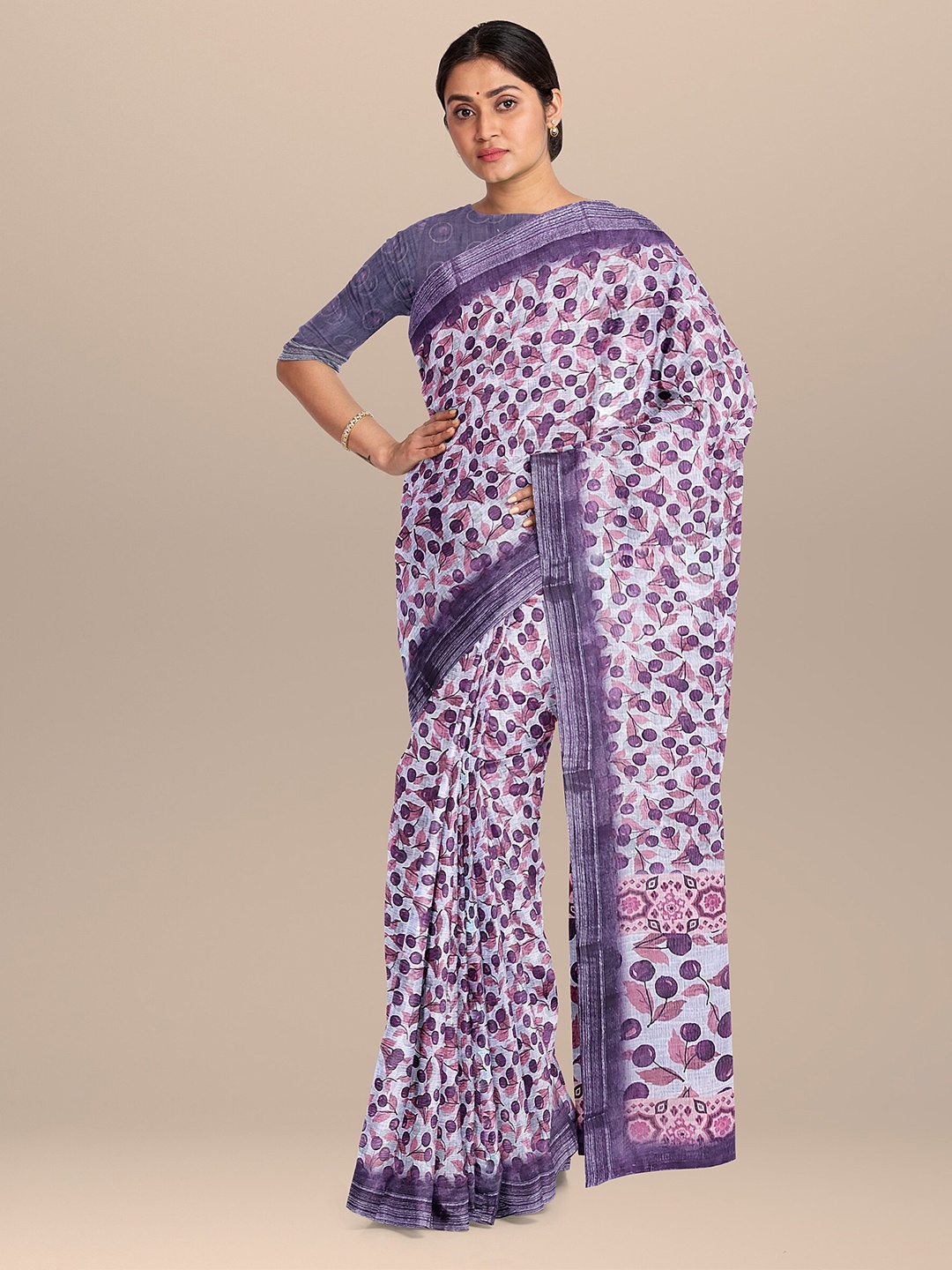 

The Chennai Silks Purple & White Floral Linen Blend Fusion Saree