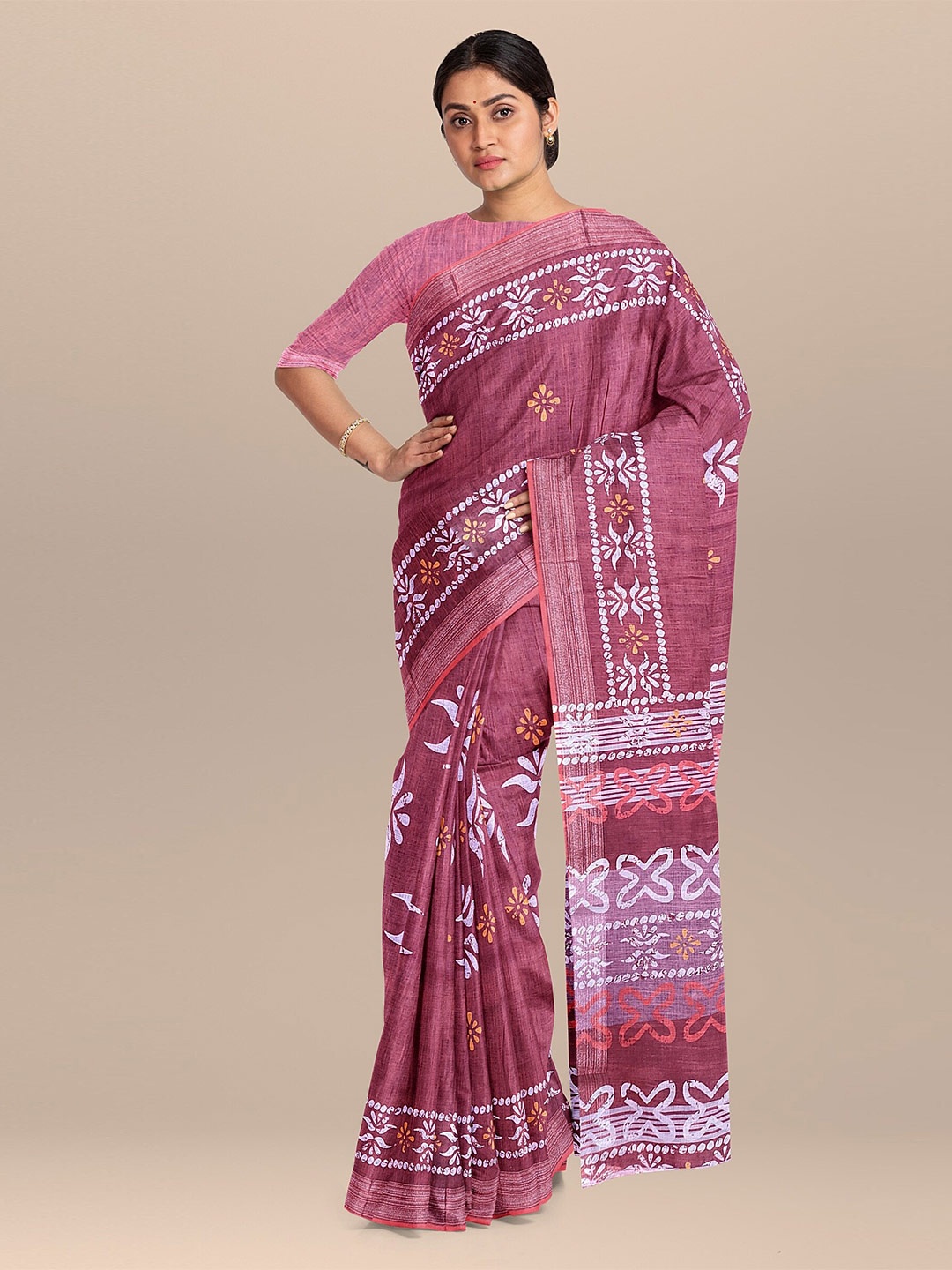 

The Chennai Silks Maroon & White Batik Linen Blend Fusion Saree