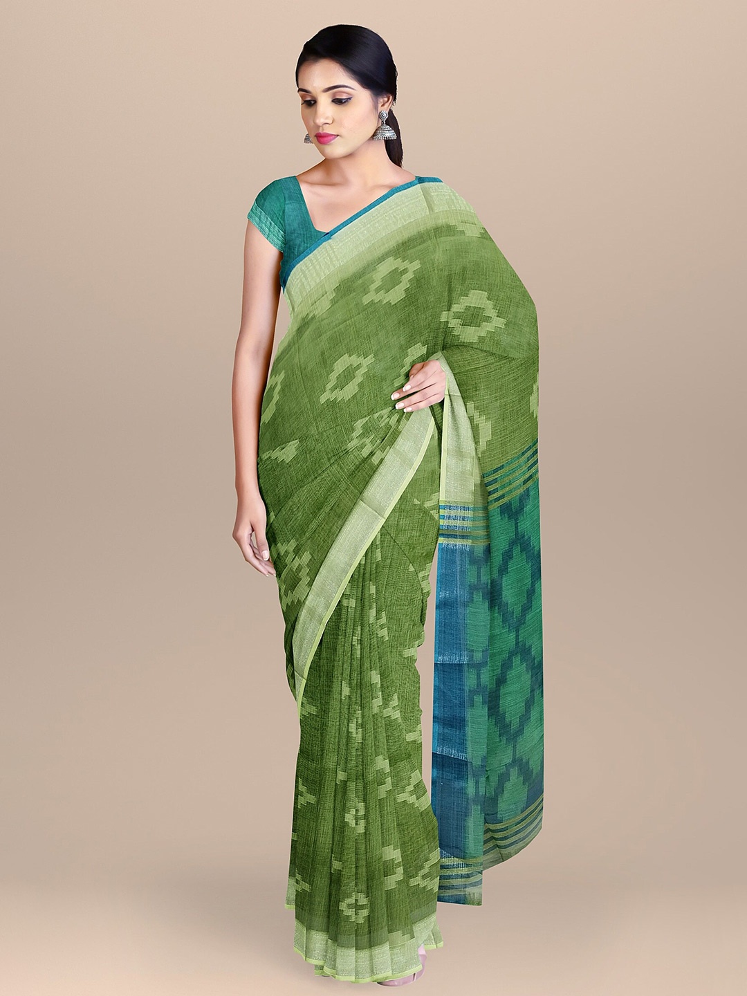 

The Chennai Silks Green & Blue Zari Linen Blend Fusion Saree