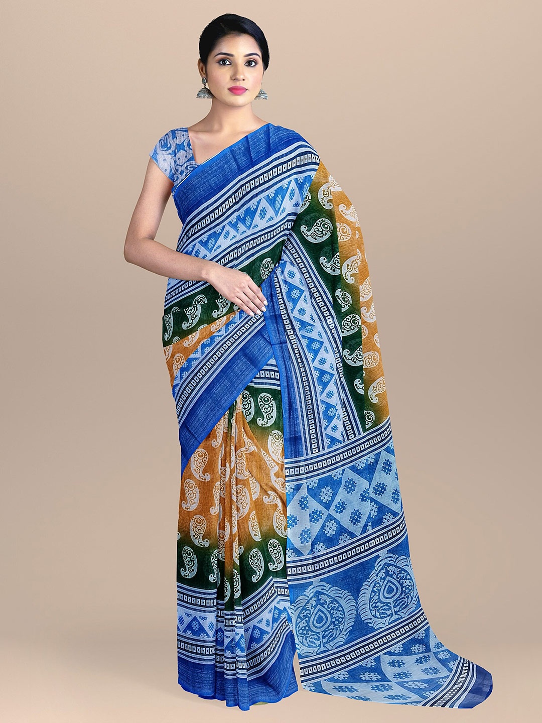 

The Chennai Silks Blue & White Ethnic Motifs Linen Blend Fusion Saree