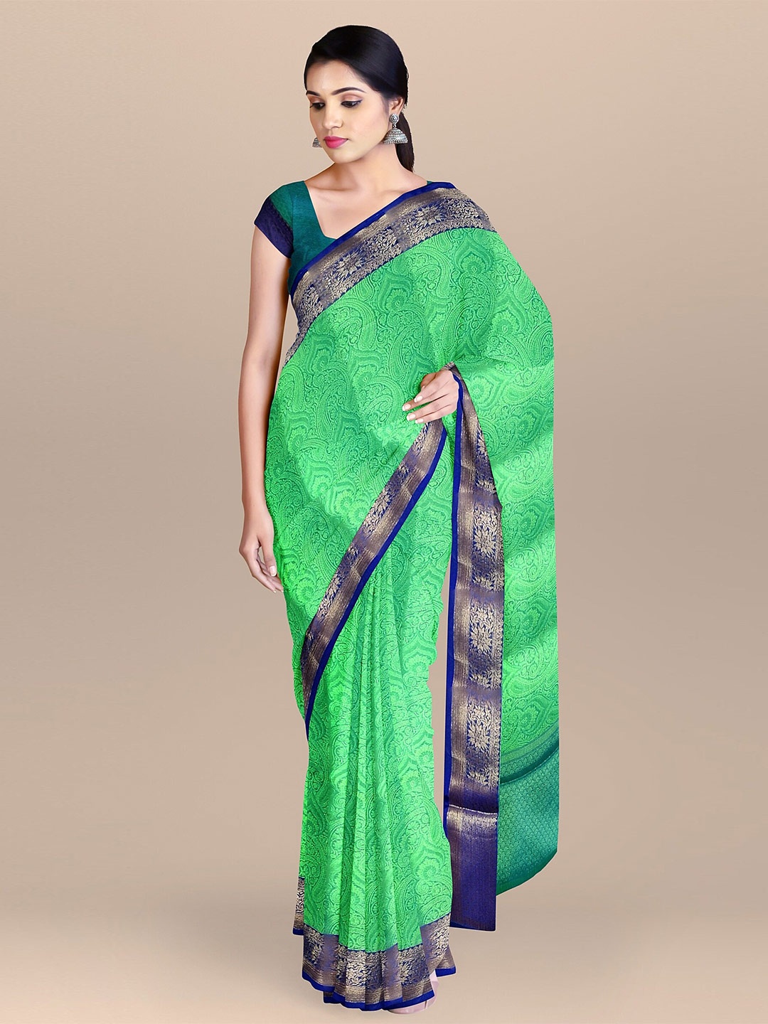 

The Chennai Silks Green & Blue Woven Design Zari Organza Fusion Banarasi Saree