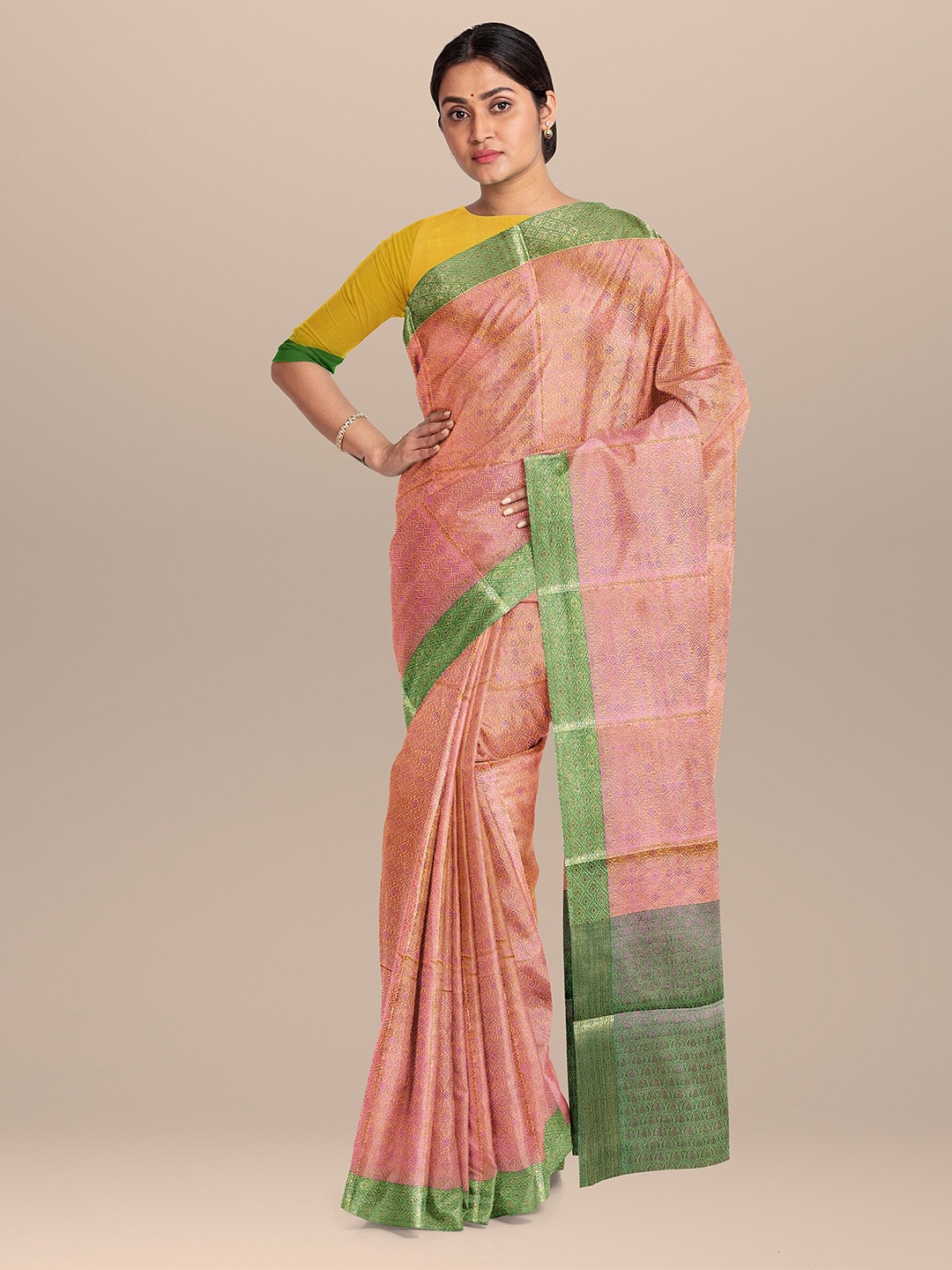 

The Chennai Silks Pink & Green Woven Design Zari Organza Fusion Banarasi Saree