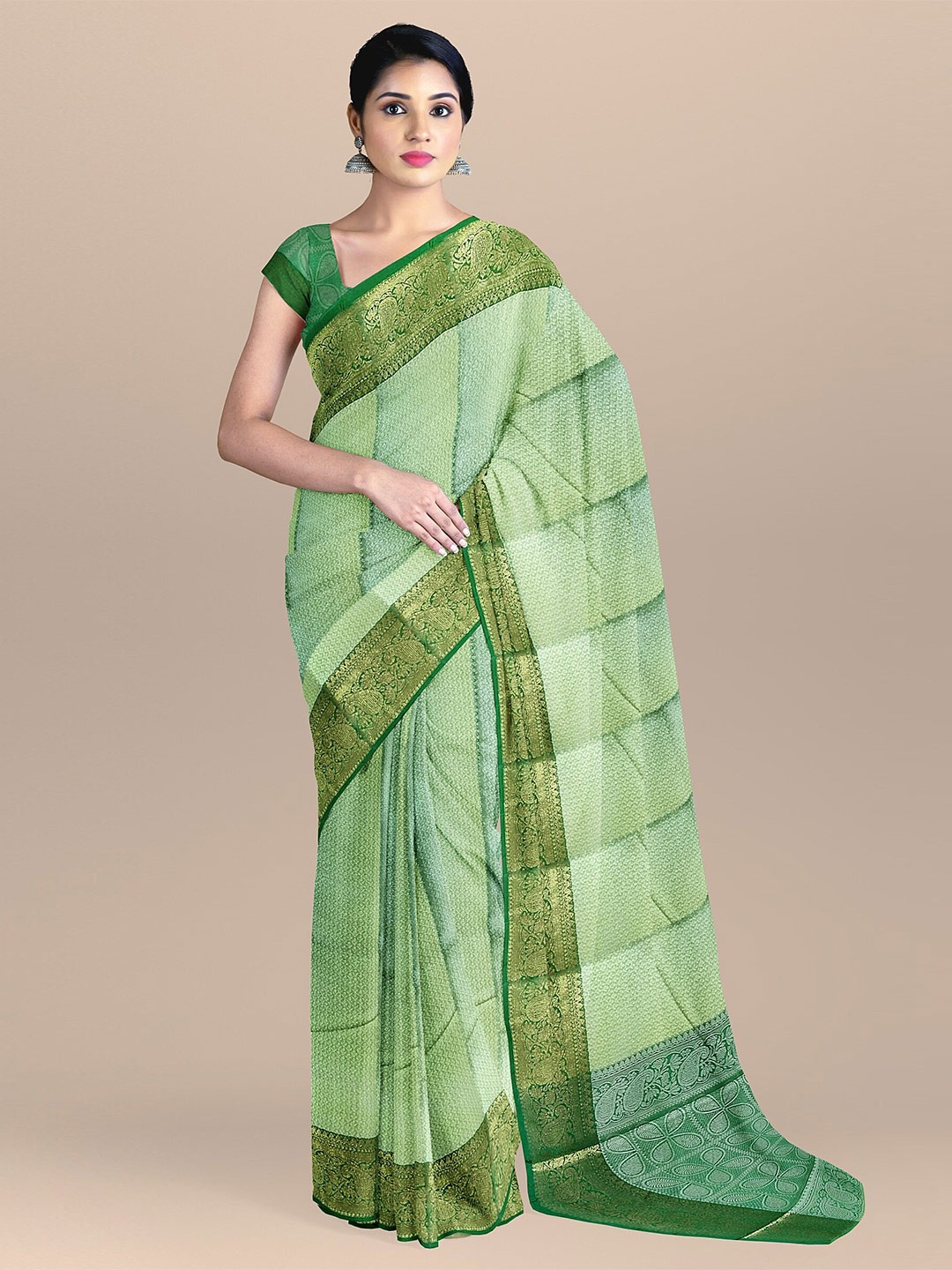 

The Chennai Silks Green & Gold-Toned Woven Design Zari Organza Fusion Banarasi Saree
