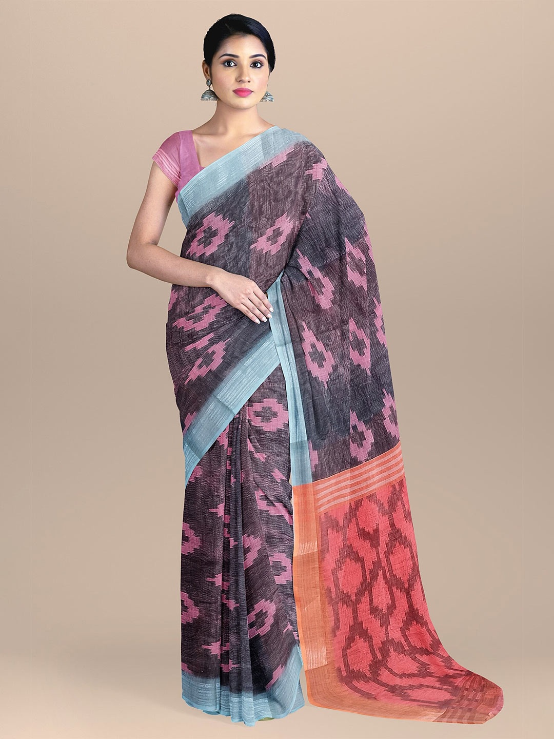 

The Chennai Silks Purple & Pink Zari Linen Blend Fusion Saree