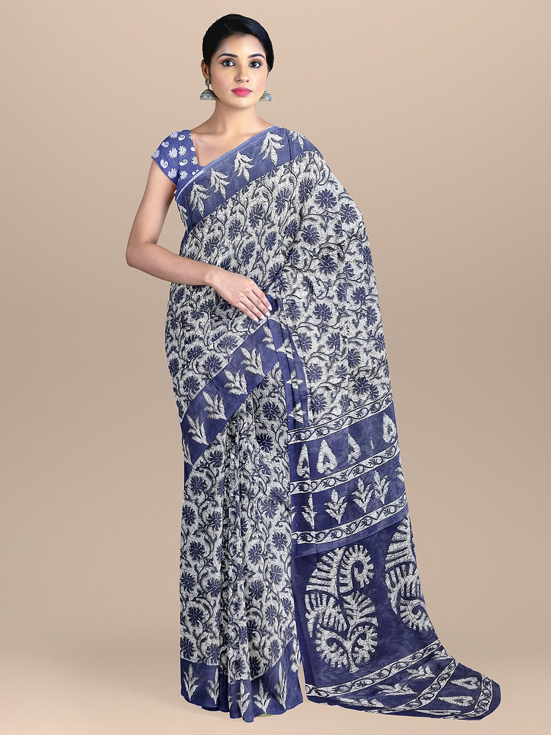 

The Chennai Silks Blue & Grey Floral Pure Cotton Saree
