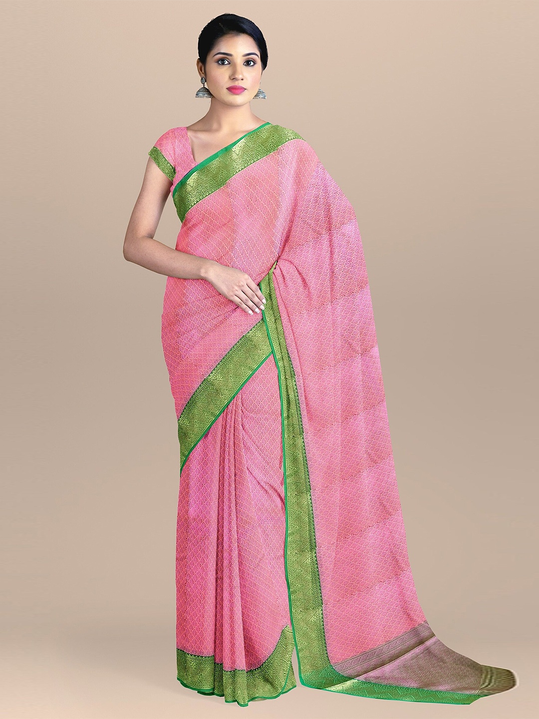 

The Chennai Silks Pink & Green Woven Design Zari Organza Fusion Banarasi Saree