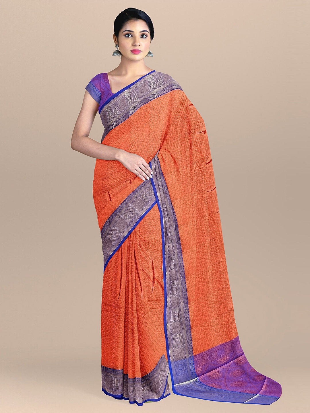 

The Chennai Silks Orange & Purple Ethnic Motifs Zari Organza Fusion Banarasi Saree